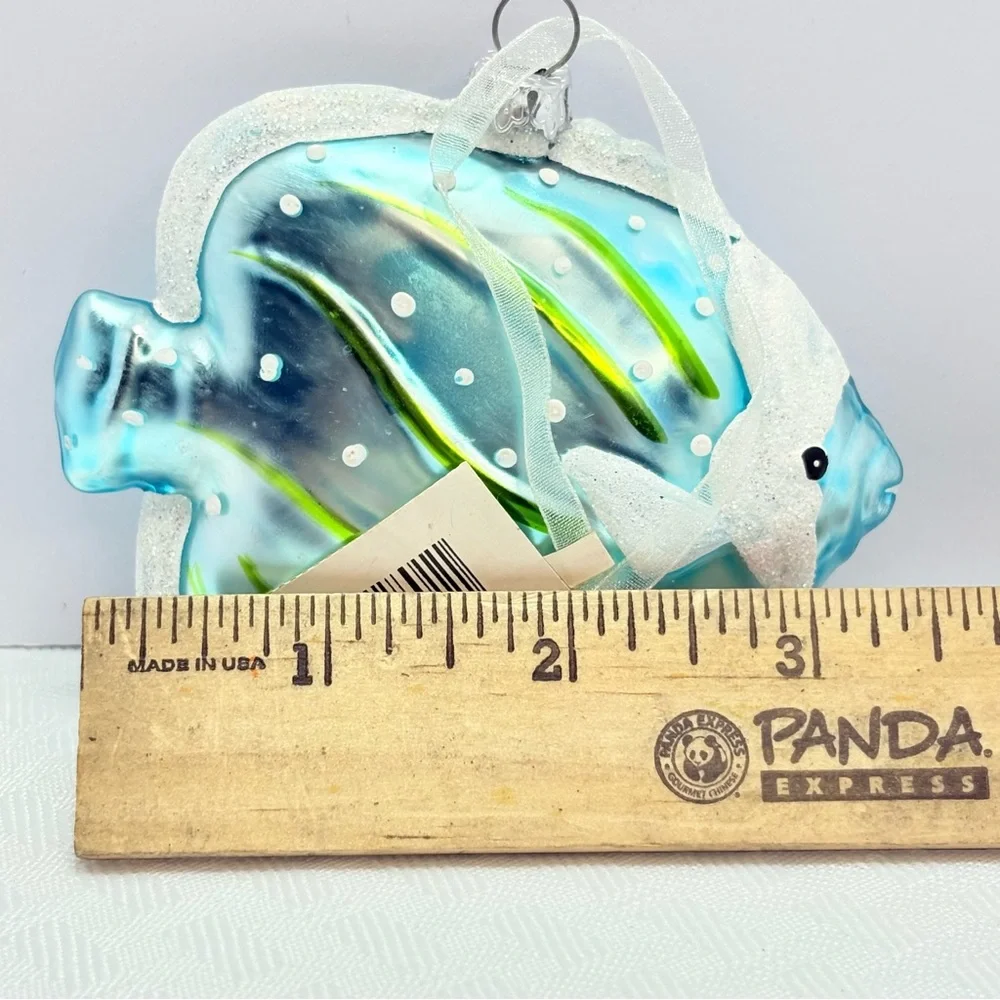 Vibrant Frosty blue and green glass blown Fish Christmas Ornament